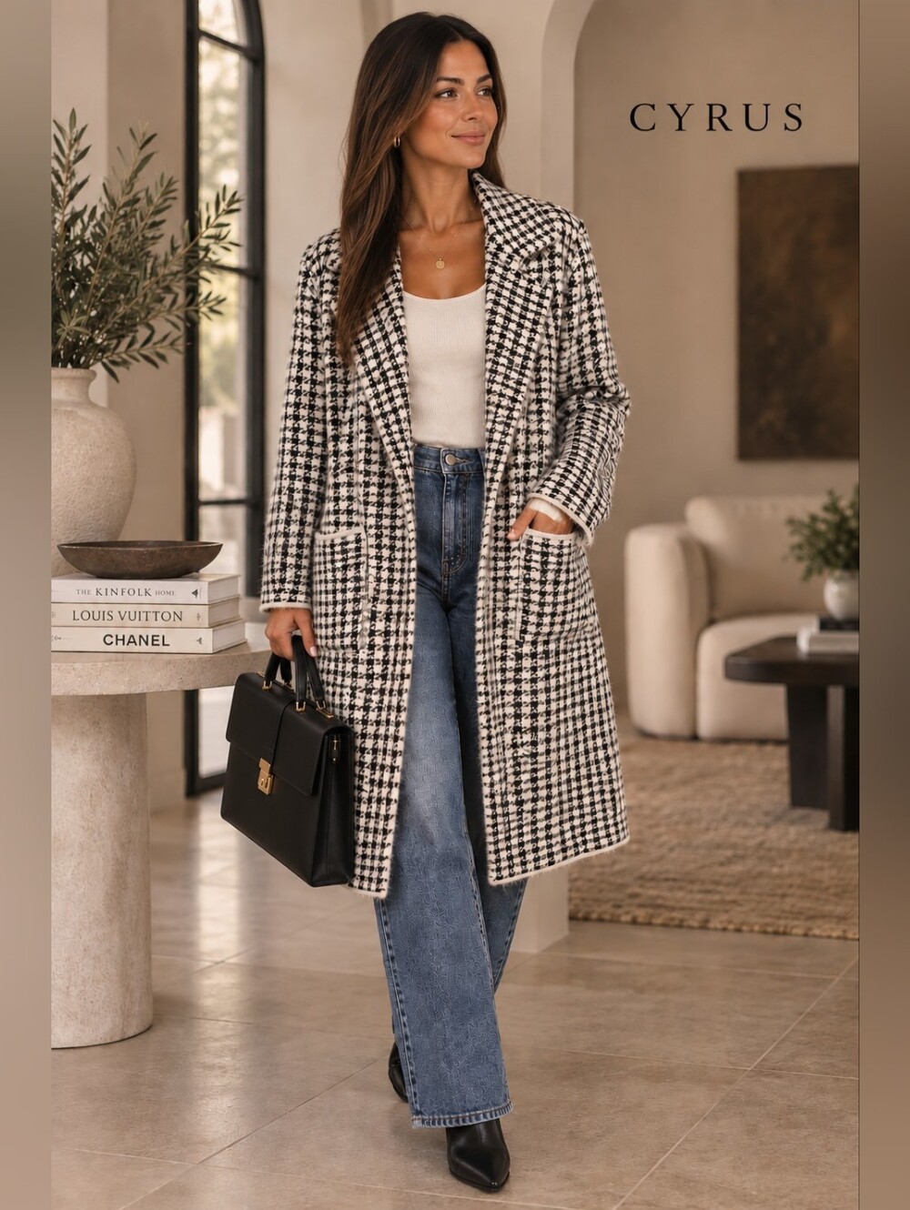 Cyrus Black White Houndstooth Long Open Front Cardigan Soft Knit Pockets Size XS